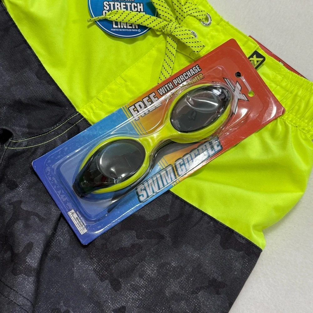 ZeroXposur Boys XXS-4/5 Neon Yellow and Black Swim Trunks With Swim Goggle NWT